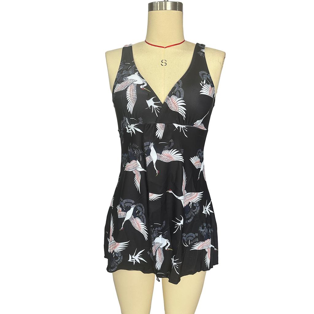 Swimsuit Women's Conservative Crane Print Sexy Bikini One-piece Swimsuit In European and American Plus Size