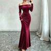 Damen Schulterfreies Samt Maxikleid Langarm Raffung Bodycon Schmal Geschnitten Elegantes Abendpartykleid