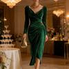 Damen Samt Abendkleid mit langen Ärmeln, Schal-Ausschnitt, Raffung, Schlitz, Bodycon-Kleid, Midi-Kleid für Hochzeitsgäste
