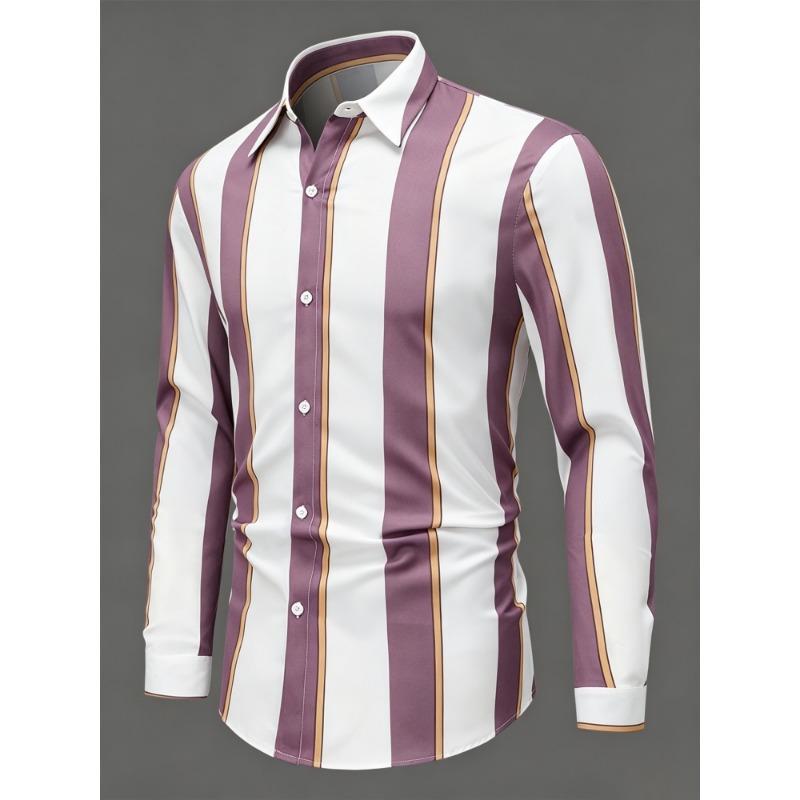 Men's Olive Green Vertical Striped Long Sleeved Shirt with Collar, European and American Business Daily Casual Versatile Top