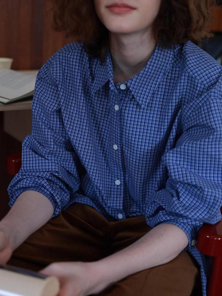 Miu Style Classic French Retro Blue Plaid Long-Sleeve Shirt for Spring and Autumn