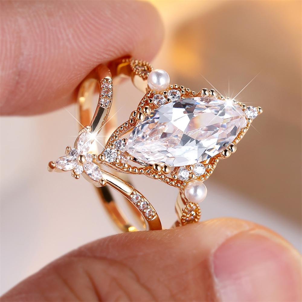 Marquise Stone White Zircon Simulated Pearl Ring Sets For Women Vintage Gold Color Engagement Rings Wedding Jewelry Bridal Set