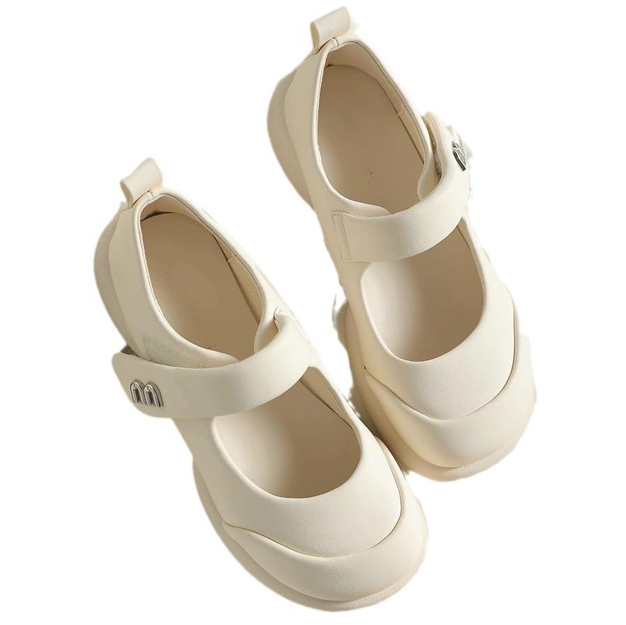 Qiao Feifei High Heels Original Niche Soft Leather Mary Jane Shoes Velcro Word with Round Head Comfortable Thick Sole