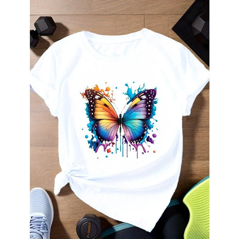 European Size Butterfly colors Women s Plus Size Sports Short Sleeve T-Shirt S