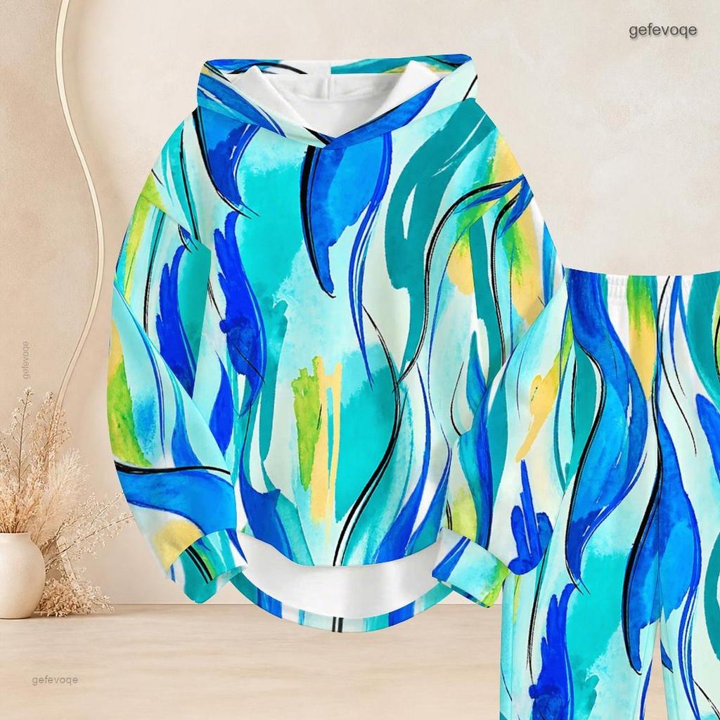 Women Plus Size Blue Pink White Printed Two Piece Set Long Sleeve Hooded Top Cuffed Pants