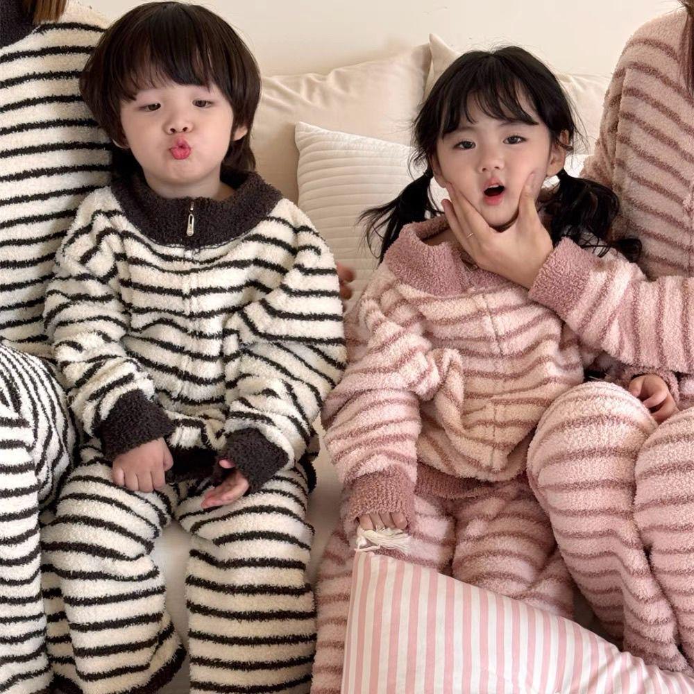 Kids' Coral Fleece Pajamas: Striped Zipper Parent-Child Set for Autumn and Winter