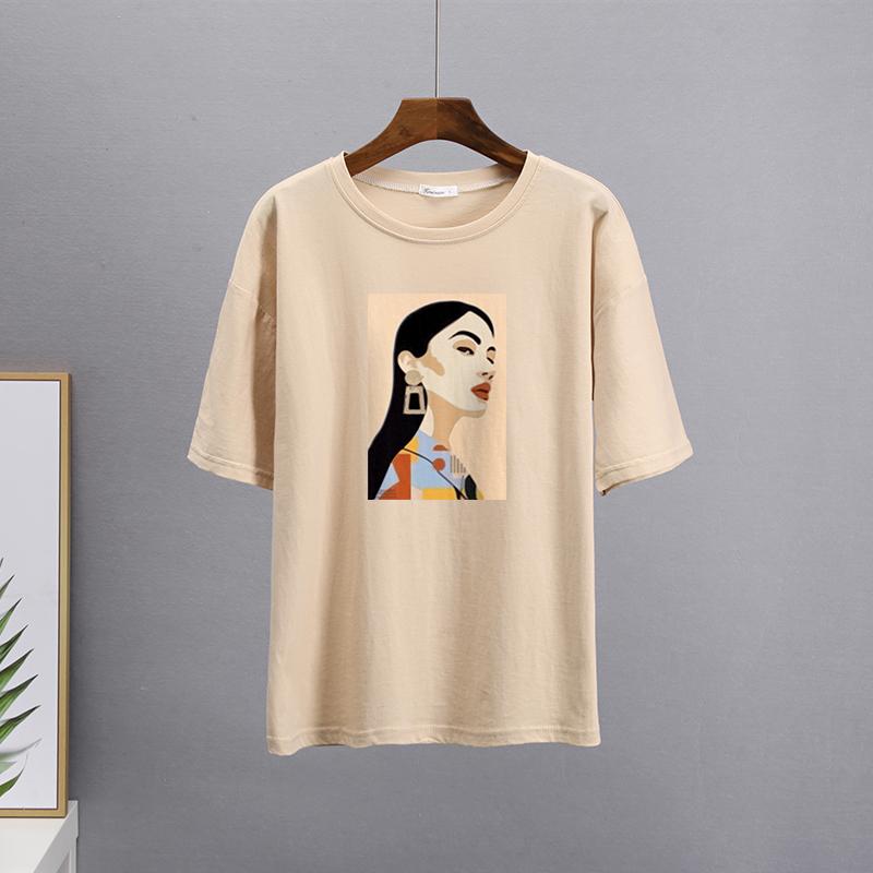 Hirsionsan Chic Cotton Printed T Shirts Women Summer Loose Casual Tees Oversized Aesthetic Graphic Clothes Plus Size Female Tops