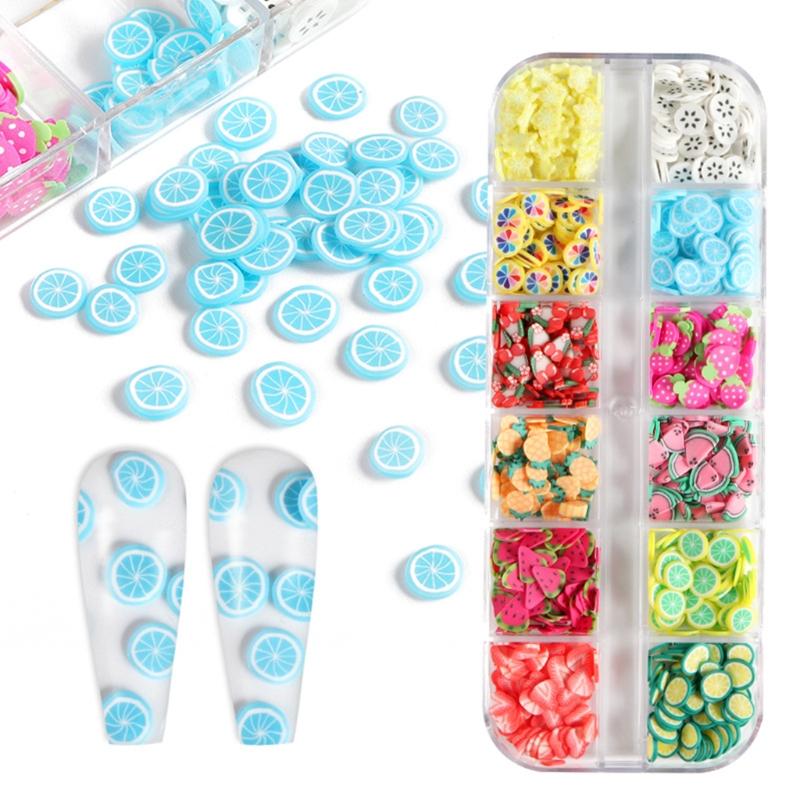 12 Grids/Box Fruit Soft Clay Beads Fruit Nail Art Supply Slime 3D Polymer Slices UV Epoxy Resin Mold Filler Decorations