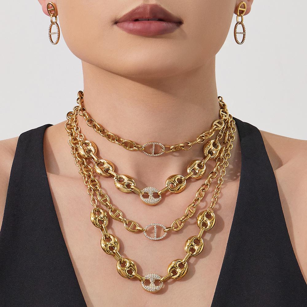 Stainless Steel Pig Nose Zircon-Inlaid Jewelry Set: Necklace, Bracelet, Earrings