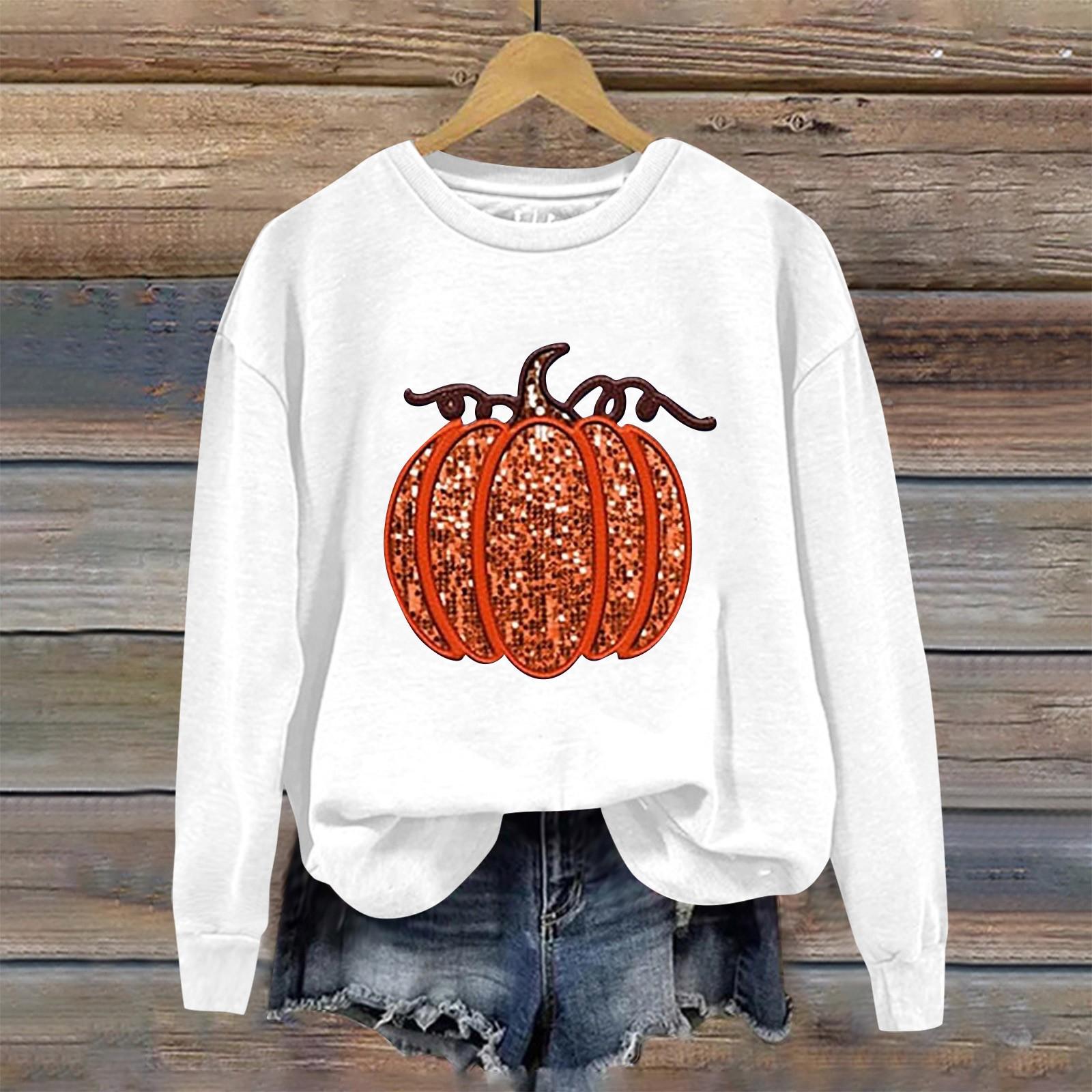 

Женская мода Хэллоуин с длинным рукавом с принтом Свободная толстовка с круглым вырезом Топ XL белый