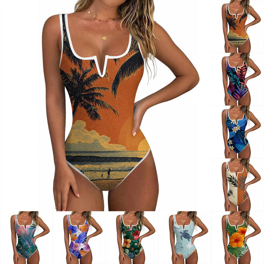 Women's Color-Blocked Hawaiian Floral Print Backless Fashion One-Piece Swimsuit