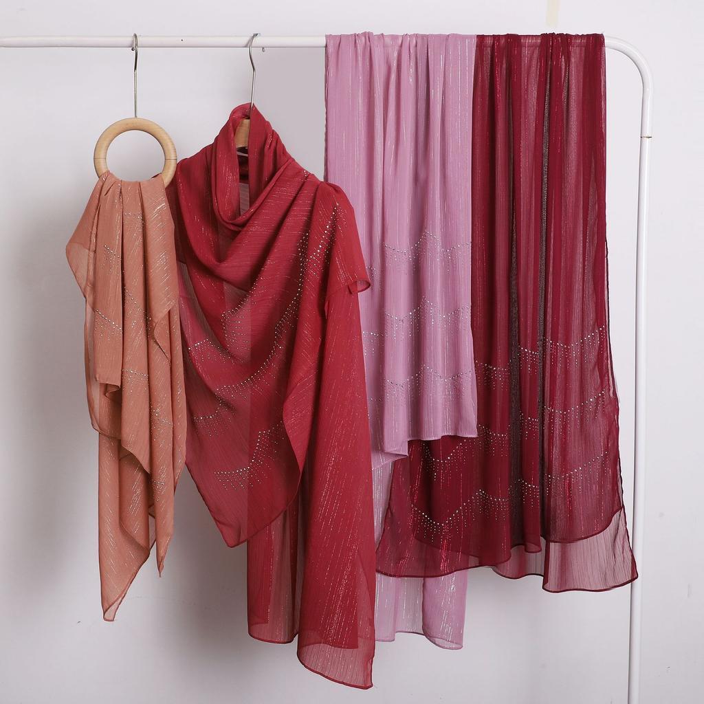 Luxury Rhinestone Chiffon Hijabs Woman Muslim Scarf Shawls Solid Lady Party Shawl Wraps Islamic Turban Female Headscarf Ramadan