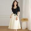 Women's Square Neck Short Sleeve A-Line Midi Dress High Waist Commuter Style Color Block Long Dress