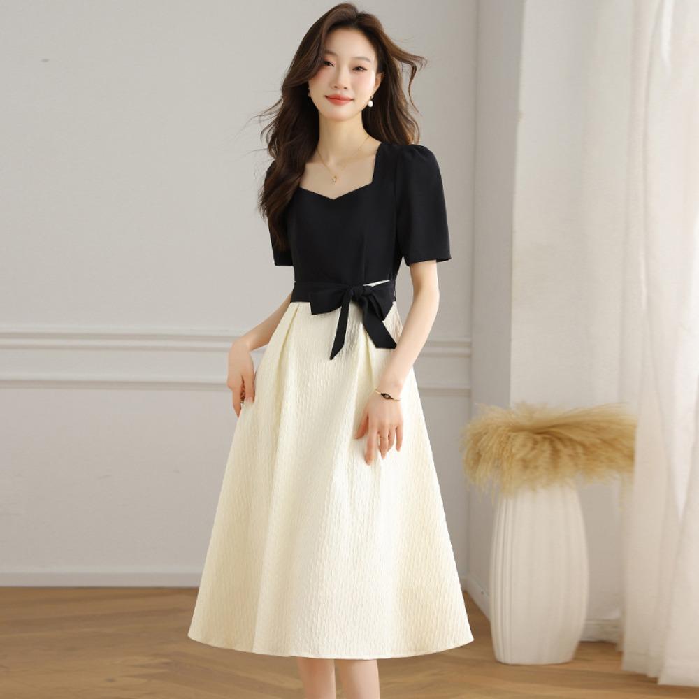 Women's Square Neck Short Sleeve A-Line Midi Dress High Waist Commuter Style Color Block Long Dress