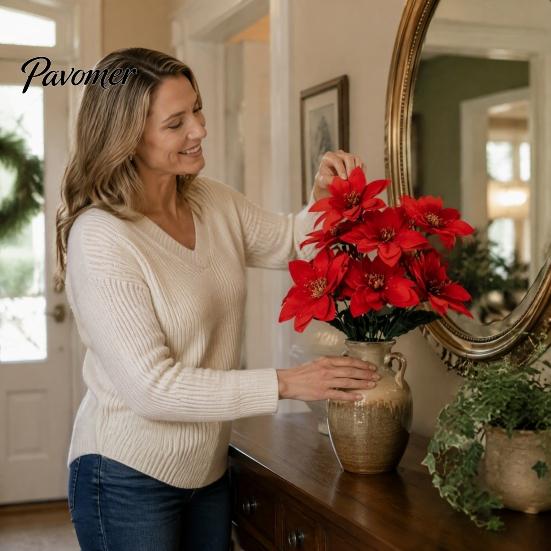 Vibrant Red Poinsettia Bunch for Home Artificial Flowers, Christmas Bouquet with Berries, Faux Silk Synthetic Flower Decoration Floral Stems