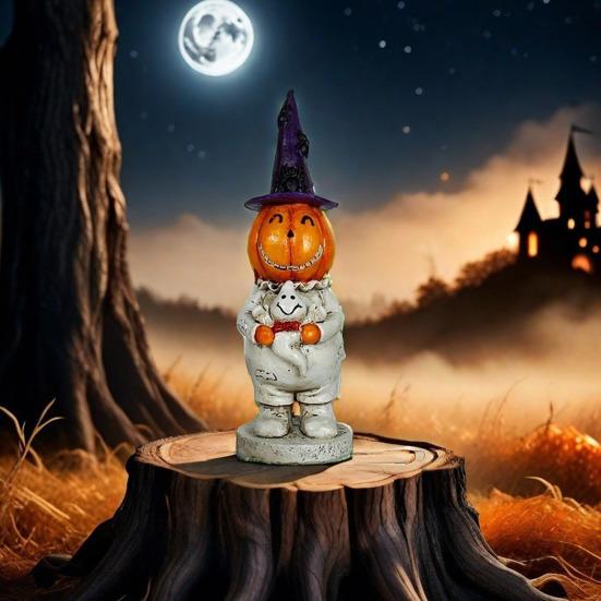 Halloween Smiling Pumpkin Man Statue Spooky Wizard Hat Pumpkin Holding