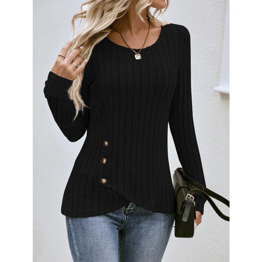 Women's Long-sleeved V-neck Top for Women's Buttons Asymmetric Knitted Base Shirt T-shirt for Women