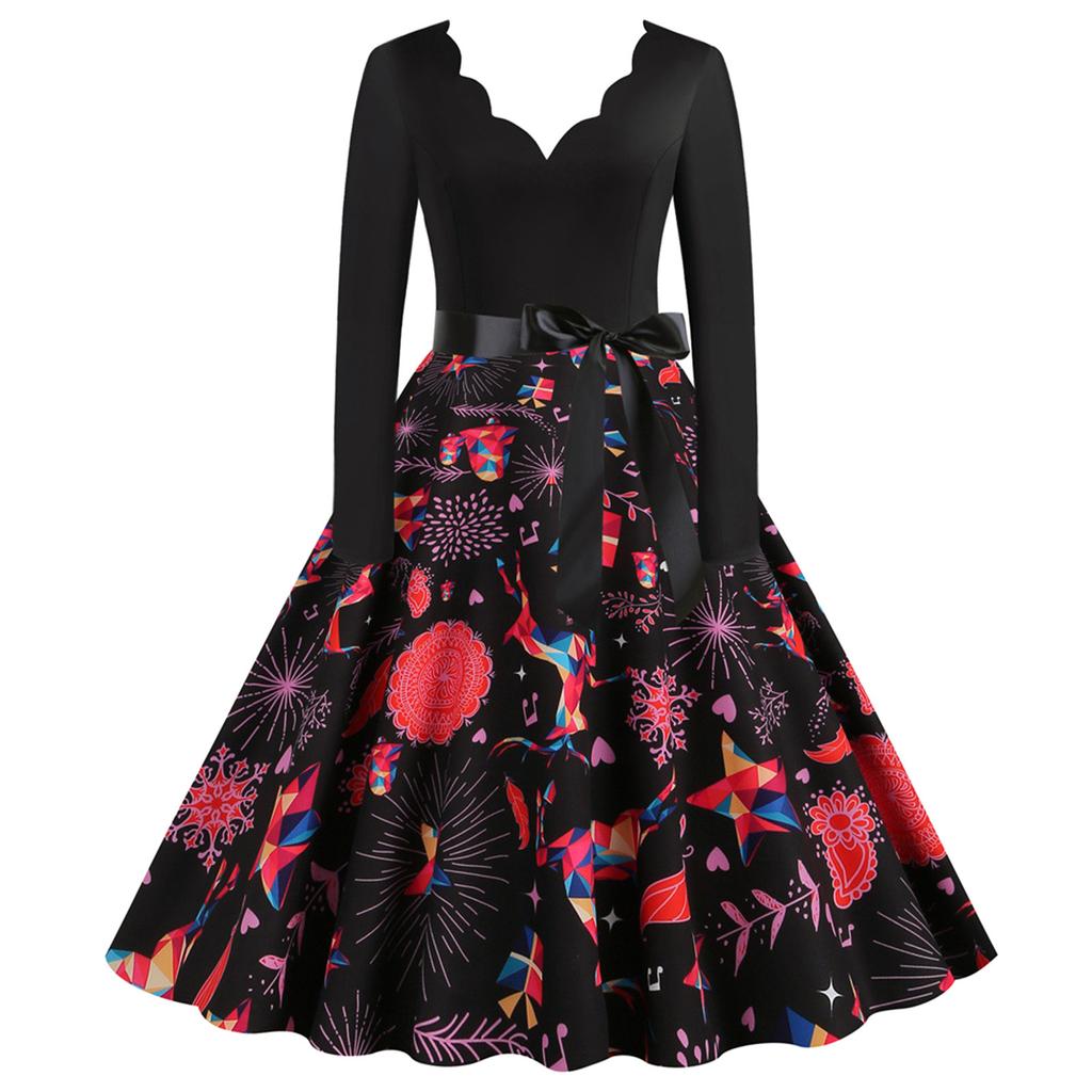 Women's Fashion Christmas Casual Slim Print Hem Long Sleeve Dress