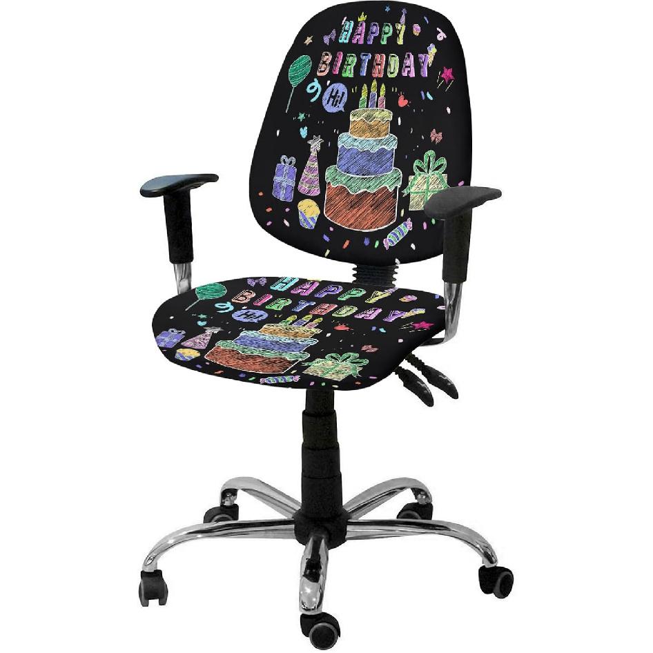 

LiDU С Днем Рождения Чехол для Офисного Кресла - Эластичные Вращающиеся Чехлы на Сиденье и Спинку Компьютерного Кресла, Подарки на День Рождения Торт Воздушные Шары Черные Чехлы для Офисного Кресла
