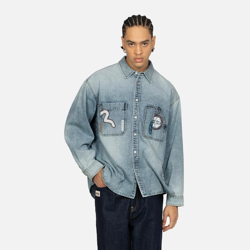 Evisu Handmade Stitching And Multi-Print Wide Denim Shirt Men Shirts 2ESHTM4DL8012LFDN