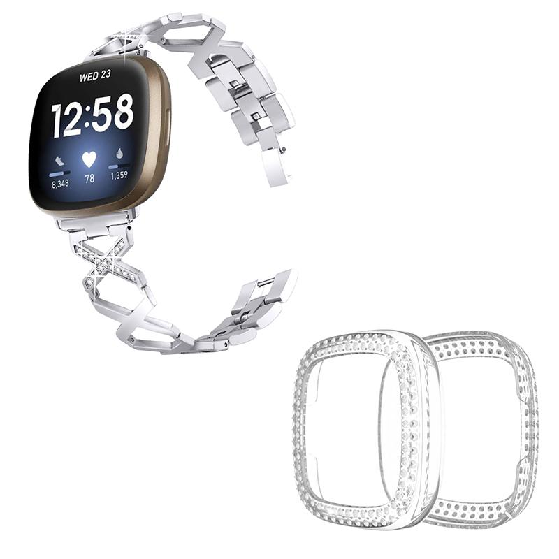 For Fitbit Versa 3 / Sense X-Shape Design Stainless Steel Bracelet Replacement Wrist Strap + Two Row Rhinestones Transparent Anti-scratch Watch Case