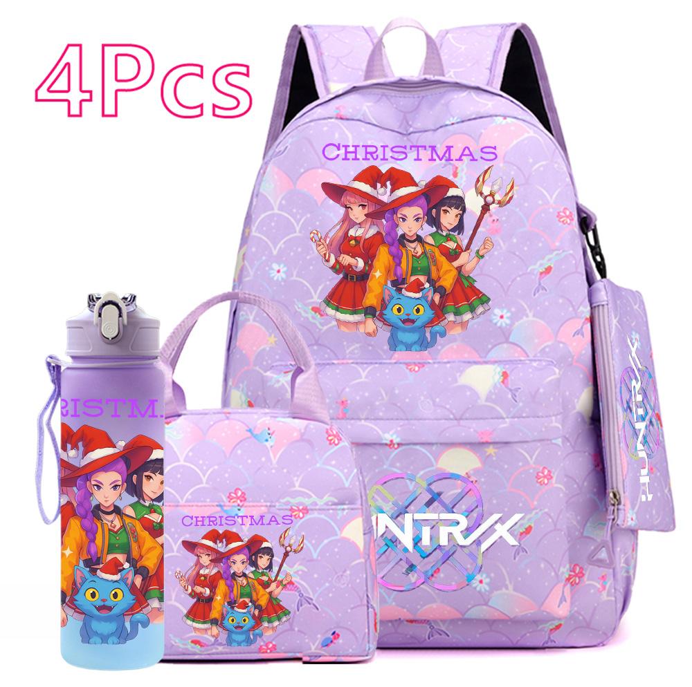 4Pcs/set Christmas KPOP Printed Backpack with Handbag Pencil Case 750Ml Water Bottler for Teenager Boy Girl Large Capacity Bookbag Schoolbag Kid Gift