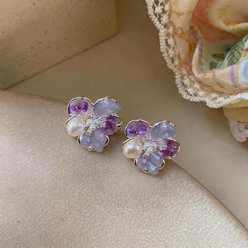 Silver Needle Zircon Pearl Crystal Flower Stud Earrings - Exquisite Light Luxury Jewelry