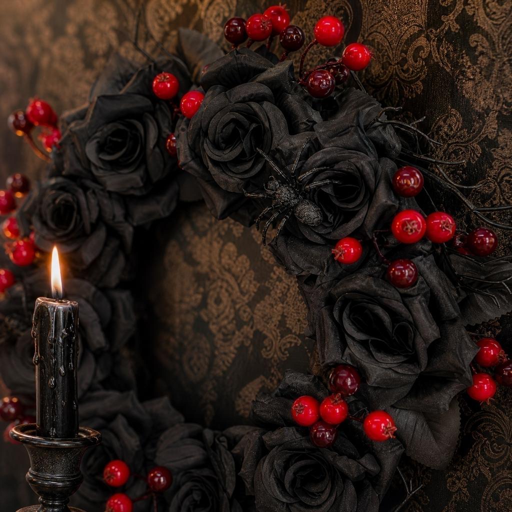 40cm Artificial Rose Branch Wreath with Simulated Spider and Berry Accents for Halloween Party Door Wall Window Decoration