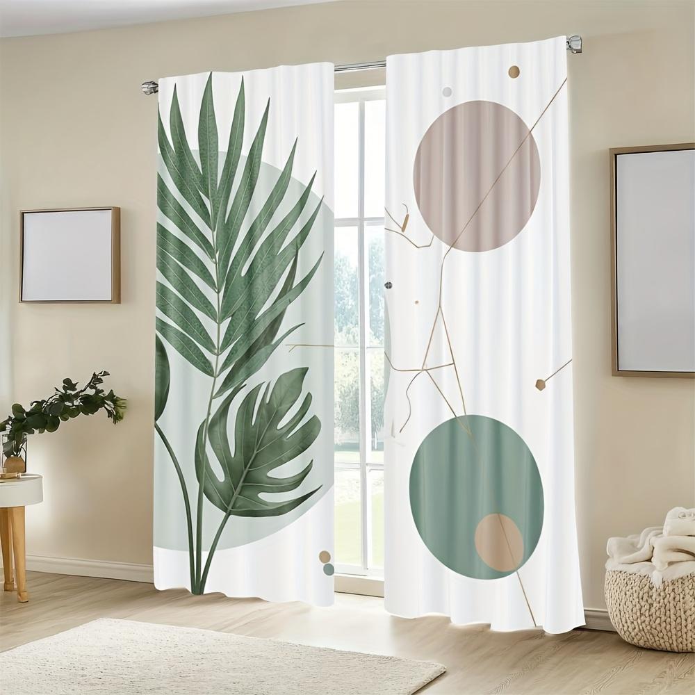 2Pc Tropical Leaf Art Simple Pattern Curtains, Polyester Fabric, Machine Washable, Suitable For Bedroom Living Room Decoration