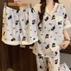 Cartoon Girl Small Fresh Cloud Cotton Pajamas Women'S Summer Short-Sleeved Three-Piece Set Black Cat Plaid Loungewear