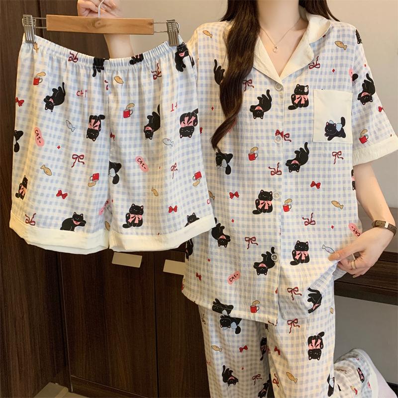 Cartoon Girl Small Fresh Cloud Cotton Pajamas Women'S Summer Short-Sleeved Three-Piece Set Black Cat Plaid Loungewear