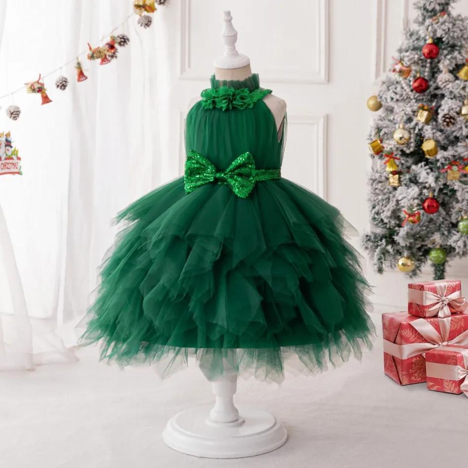 Children Christmas Dress Luxury Girl Christmas Outfits Sleeveless Mesh Bow Tutu Fashions Green Elegant Festive Party Princess Dress
