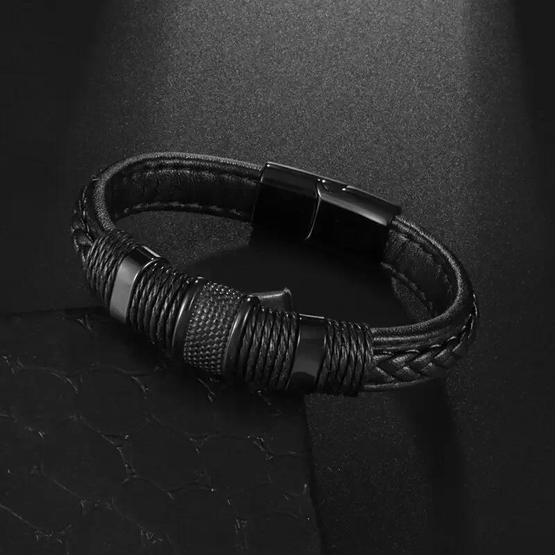 Hochwertiges handgeflochtenes Leder Edelstahl Magnetverschluss Armband Herren Charme Mode Lässiger Schmuck Geschenk