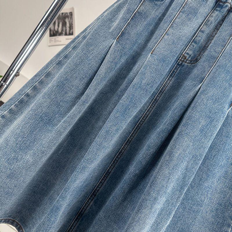 Denim Long Skirt High Waist Elastic Waist Extra Fluffy A Line Half Body Umbrella Skirt Autumn Women's