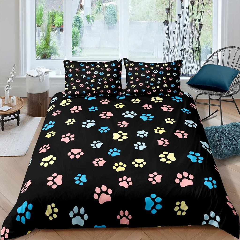 Dog Lover Duvet Cover Hand Drawn Paw Print Doodles Circular Pattern Drawing Style Animals Bedroom Decorations Coral Turquoise