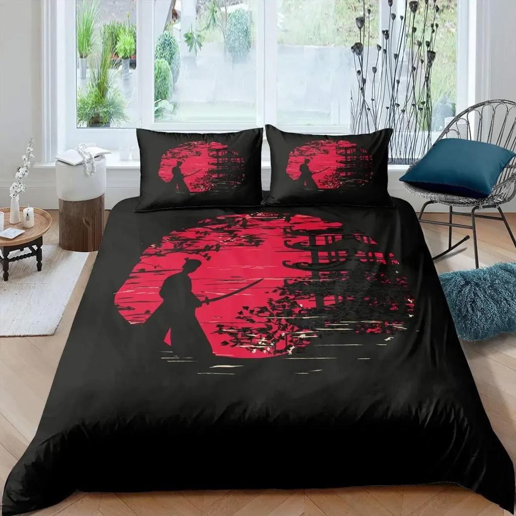 Set Letto Samurai Giapponese, Copripiumino con Siluetta di Edificio Paesaggio Tramonto Giappone per Uomini Adolescenti, Nero Rosso