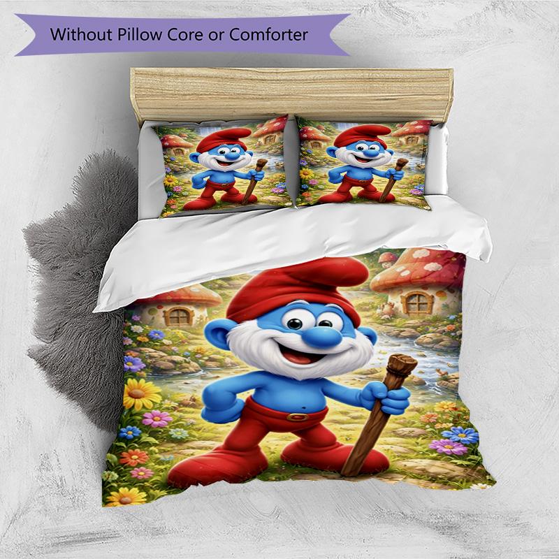 3pcs Duvet Cover Set (1*Duvet Cover + 2*Pillowcase, Without Core), Blue Smurfs Print Bedding Set, Bedroom Decor, All‑Season, Birthday Gift