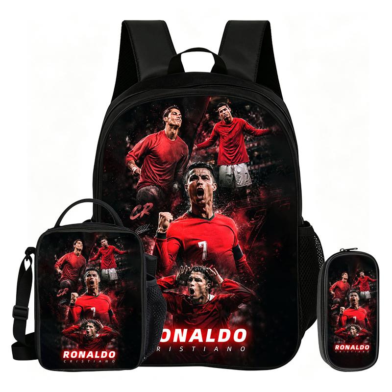Ronaldo 3Pcs Set School Backpack Football Sport Backpack,Pencil Bags,with Lunch bag,Football Star Bookbag Knapsack