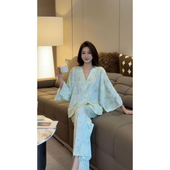 

New Chinese style national style ice and snow silk pajamas women s loungewear summer long-sleeved ice silk outer wear suit XXL
