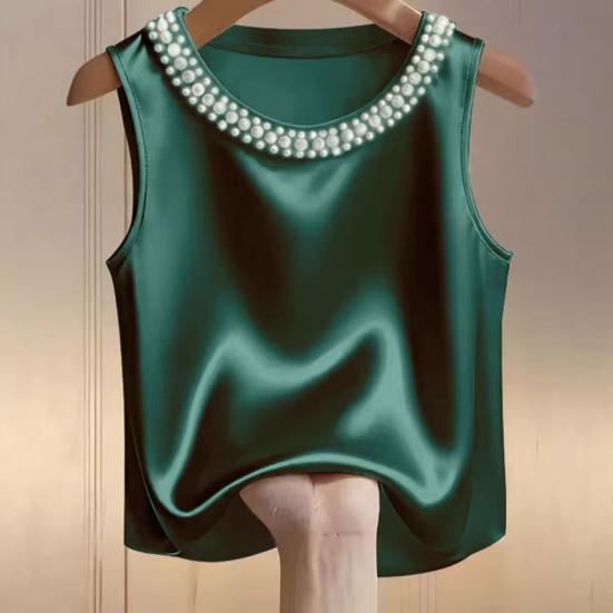 Damenweste Rundhalsausschnitt Imitierte Perlen Verziert Ärmellos Oberteile Glattes Satin Weiche Oberteile Lockerer Schnitt Freizeitoberteile Party Urlaub Tägliche Kleidung