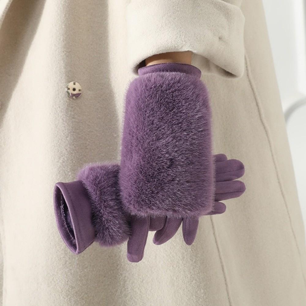 Thickened Suede Touch Screen Gloves Detachable Lining Riding Gloves Faux Fur Gloves for Women
