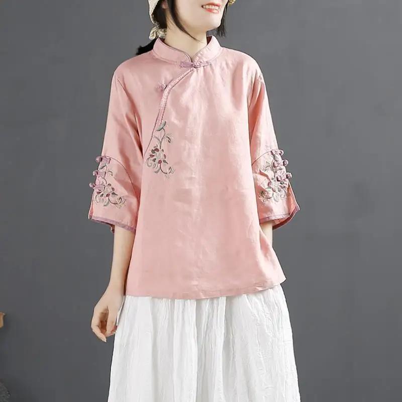 Vintage Cotton Linen Shirt Women's Spring Summer Stand Collar Button Embroidered Tea Dress