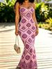 Women's Modern Elegant Casual Fashion Spring Summer Autumn Clothing Suspender Bodycon Mermaid Dress with Pink Base and Purple Floral Print Pattern
