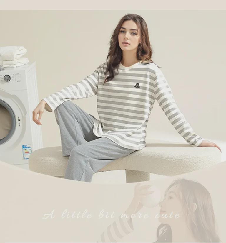 Pijama feminino de manga comprida com estampa de desenho animado e protetores de peito - algodão fino para uso interno/externo na primavera, outono e inverno