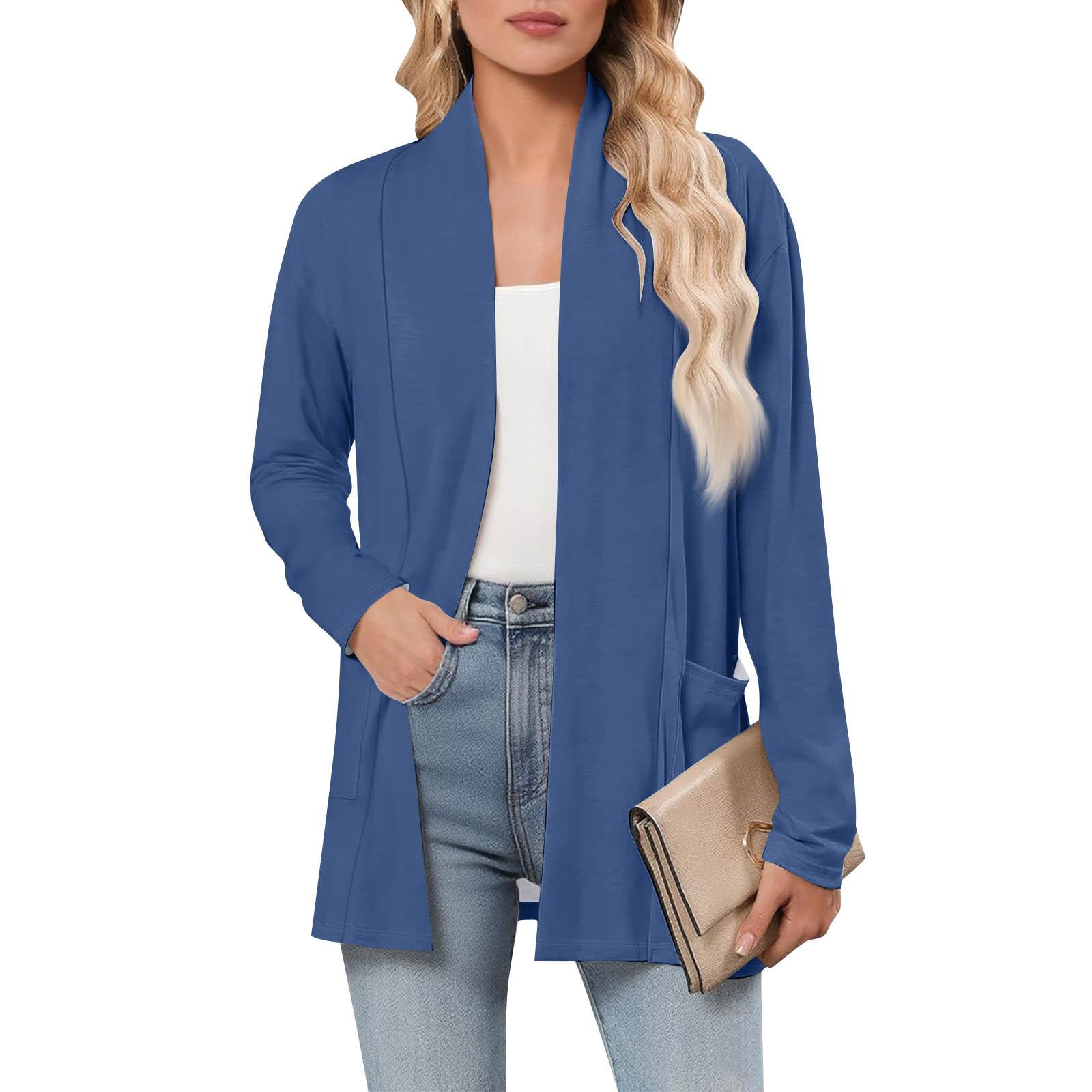 Mianduijifengba Dames Cardigan met Lange Mouwen V-hals Mode Shirt Lichtgewicht Casual Los Dunne Cardigans Met Zakken XXL donkerblauwe kleur