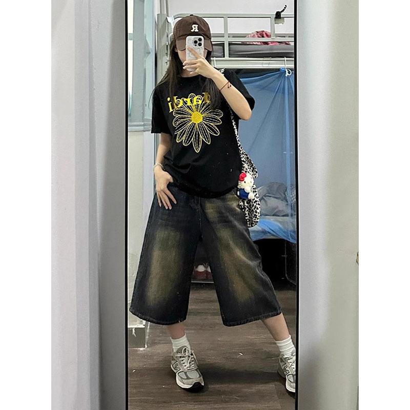 Women s High Waist Wide Leg Capri Jeans Loose Fit Vintage Washed Straight Cropped Denim Pants S