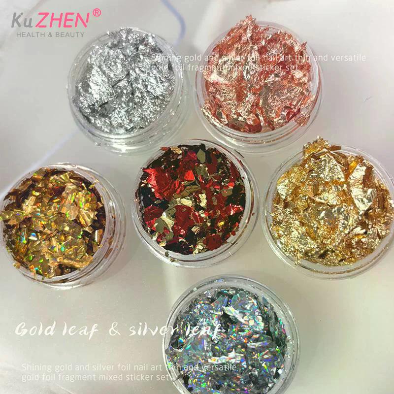 6 Gläser Nagelflocken Goldfolienpapier Set Gold Silber Unregelmäßige Pailletten Nagelkunst Pailletten Dekorationen Glitzer Aufkleber Für Maniküre