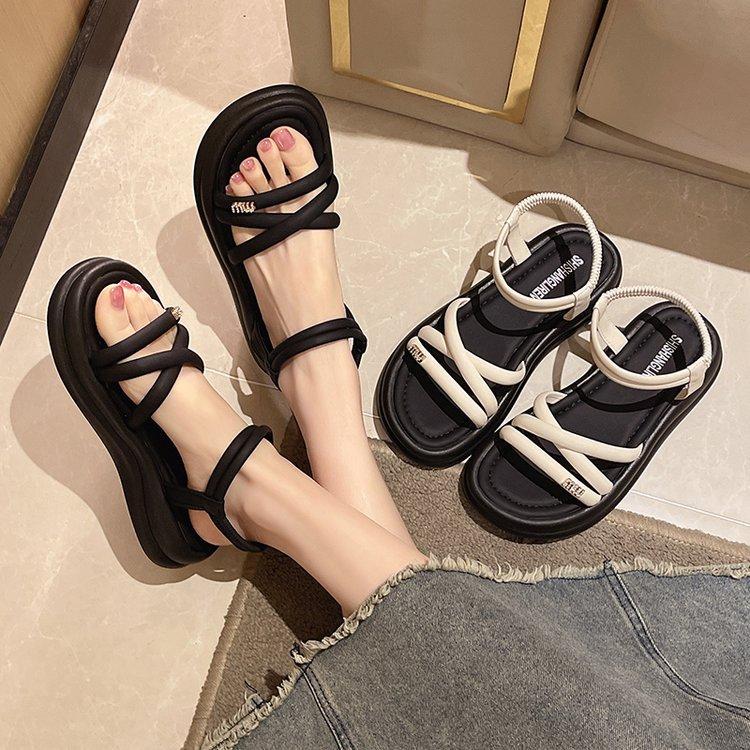 Fairy Wind Sandals Girl 2025 Summer New Korean Version Muffin Thick Sole Simple Thin Band Elastic Band Roman Sandals Woman
