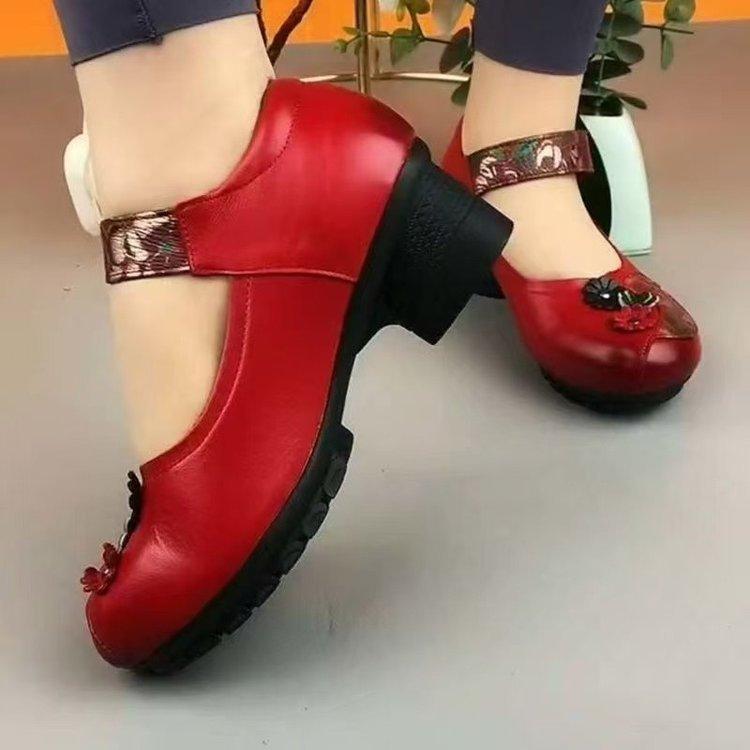 Women's Spring Soft Leather Soft Sole Medium Heel Thick Heel Retro Casual Women's Shoes Ethnic Style