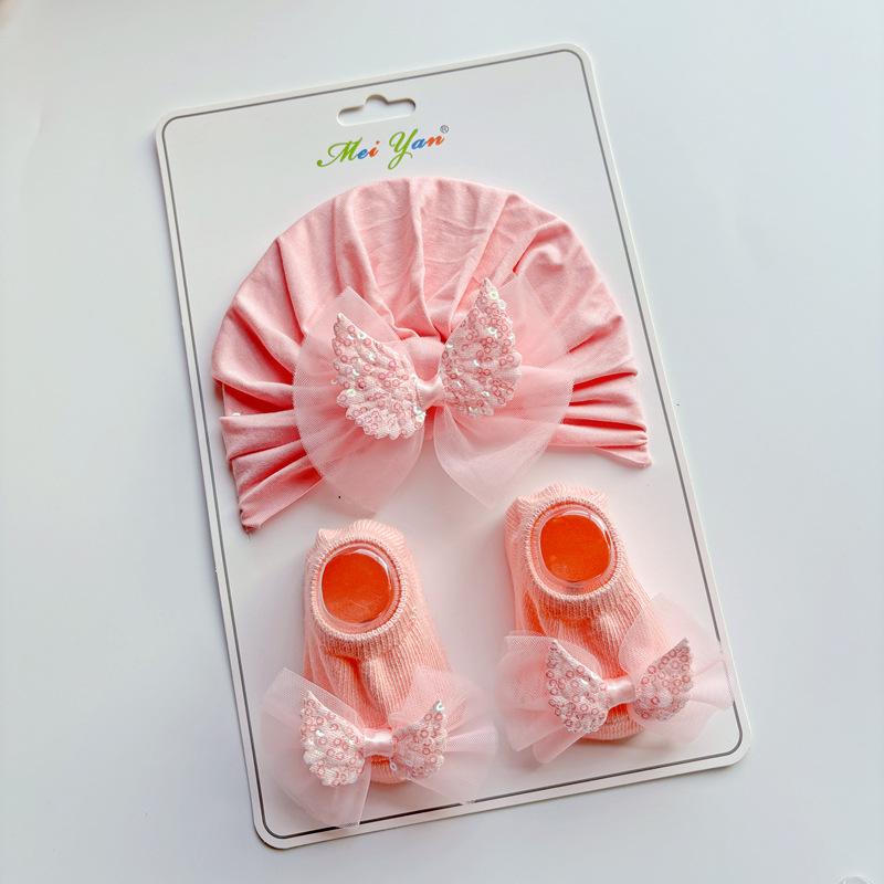Flower Baby Turban Cap Socks Set Lace Bowknot Newborn Indian Hat Solid Cotton Kids Boat Sock Children Headwear Hair Accessories